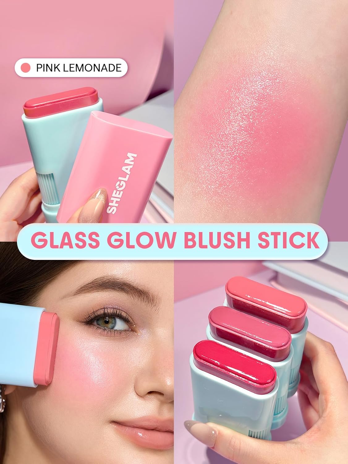 Glass Glow Blush Stick - Waterproof Cream Blush for Cheeks & Lips | Hydrating Tinted Moisturizer - Pink Lemonade