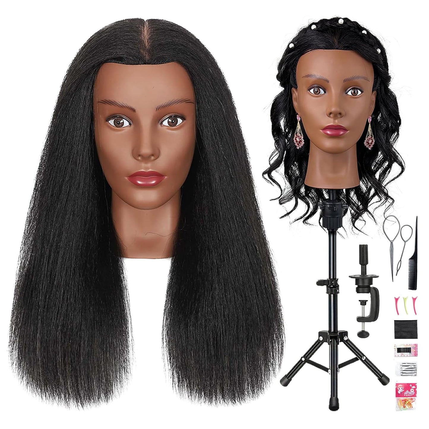 Human Hair Mannequin Head - 80% Real Hair Cosmetology Doll for Hairdresser Practice | Amber Brown with Tripod Stand & Clamp