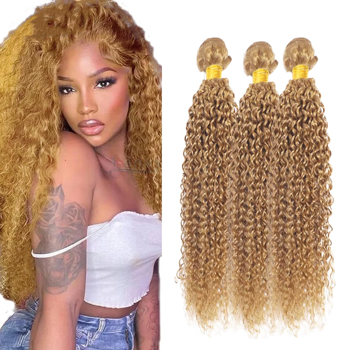 Color #27 Bundles Blonde Curly Human Hair Extensions 18 18 18 Inch 8A Grade Peruvian Virgin Remy Hair 3 Bundles Honey Blonde Bundle Double Weft Hair Weave