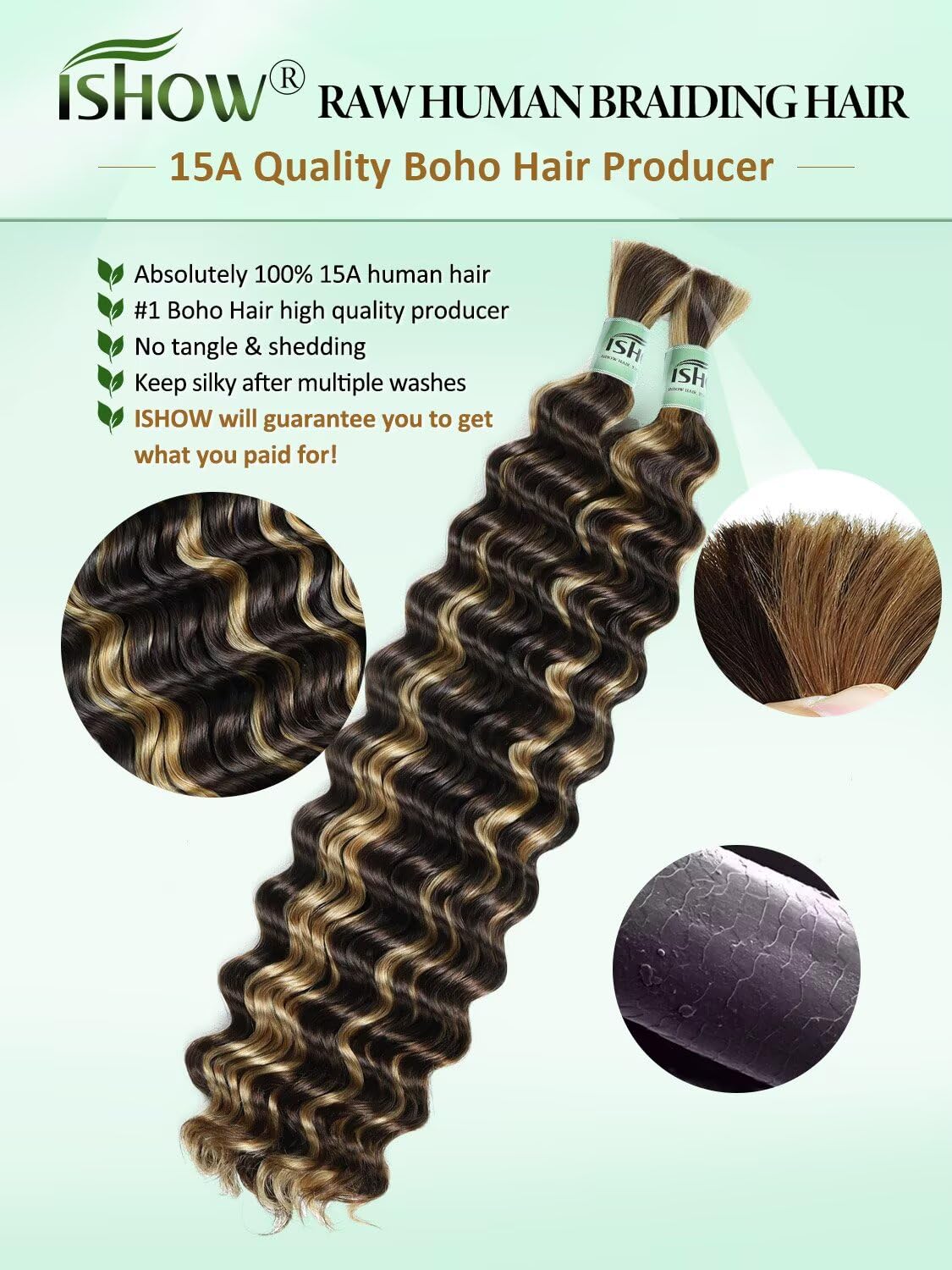 ISHOW Raw Human Braiding Hair 100% Unprocessed Virgin Human Hair 15A Deep Wave Boho Hair 100g 18 Inch (2 Packs) NO.1 Premium Quality Boho Hair Producer Long Lasting Ombre Honey Blonde Color P4/27