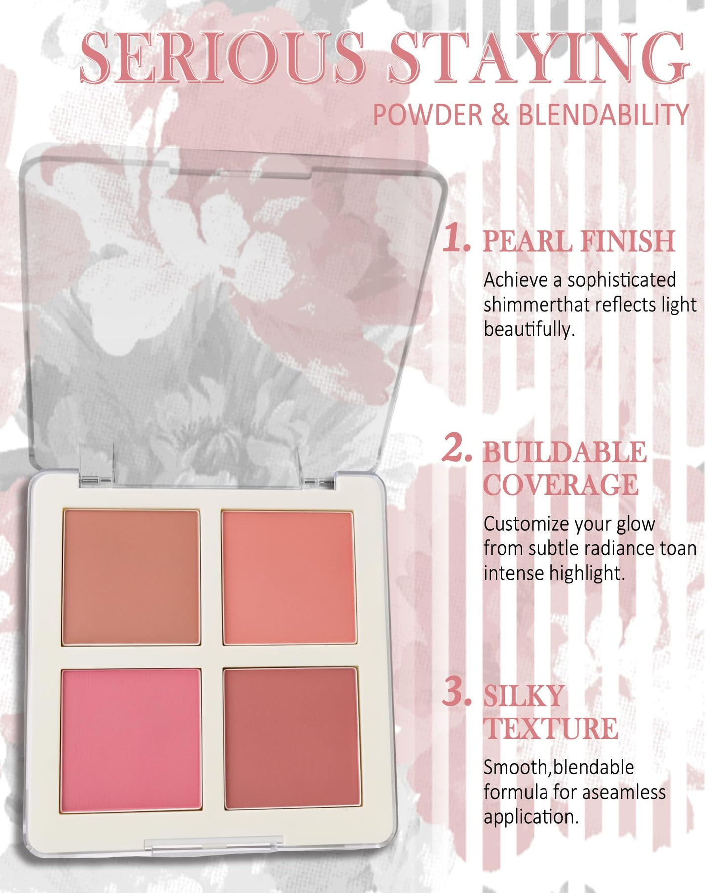 4 Colors Blush Palette for Cheeks, Matte Pink Face Contour Blush Powder, Long Lasting Blendable Blusher Palette, Natural Finish, High Pigment Beauty Blushes with Brush Makeup Gift Kit for Women-Set Y1