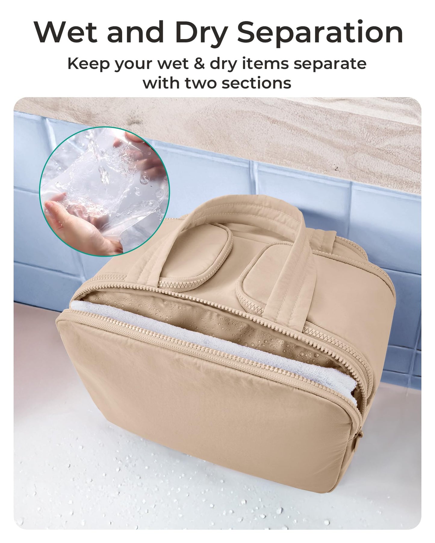 BAGSMART Travel Toiletry Bag, Puffy Toiletry Bag for Women, Wide-open toiletry bags for traveling, Large Travel Cosmetic Makeup Bag Organizer for Accessories,Toiletrie (Khaki)