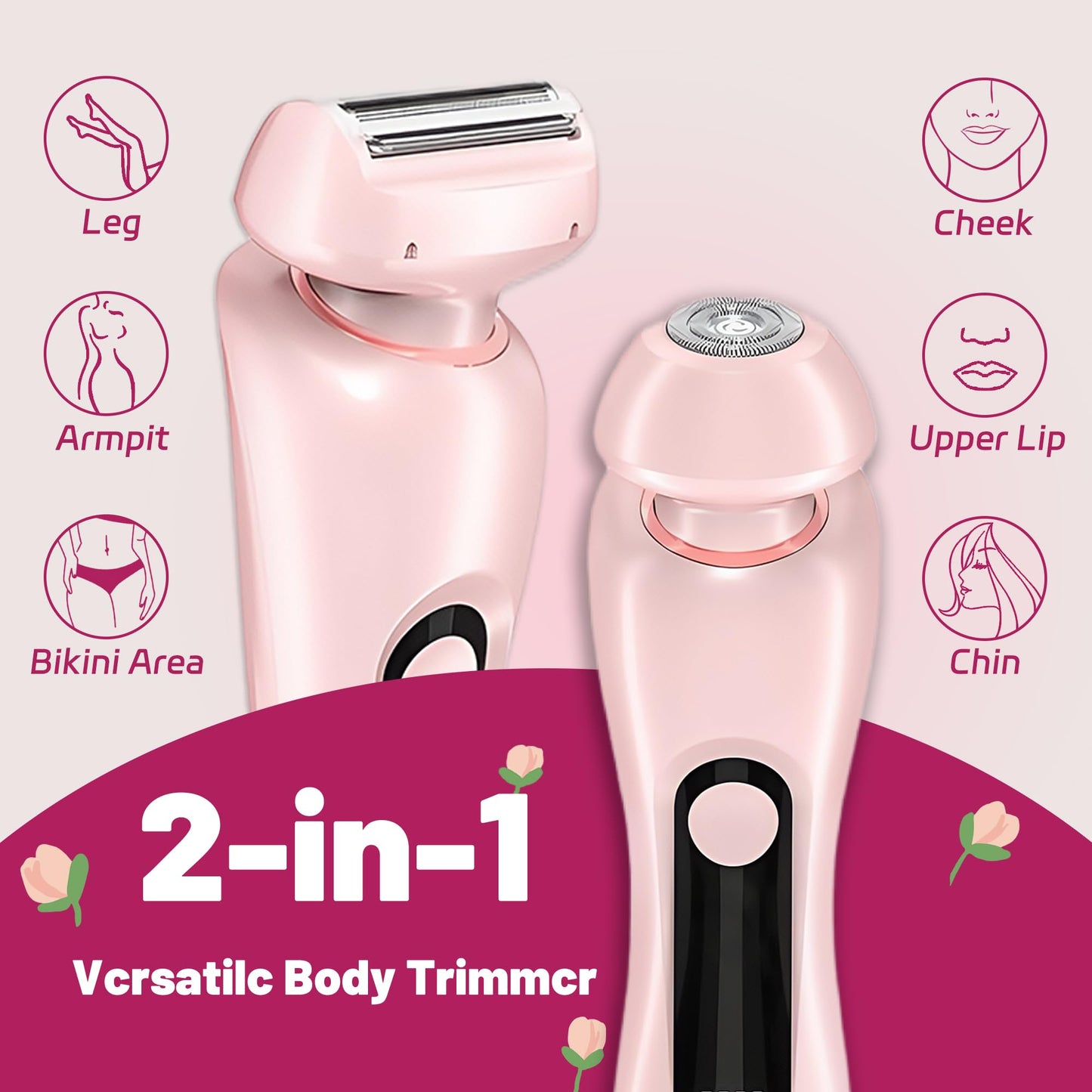 NaTuGi 2 in 1 Electric Shaver for Women Wet Dry Dual Use IPX7 Waterproof with LED Display USB Recharge Dock Dry Use Body Hair Trimmer and Facial Hair Remover for Bikini Underarm Leg Arm Face (Pink)
