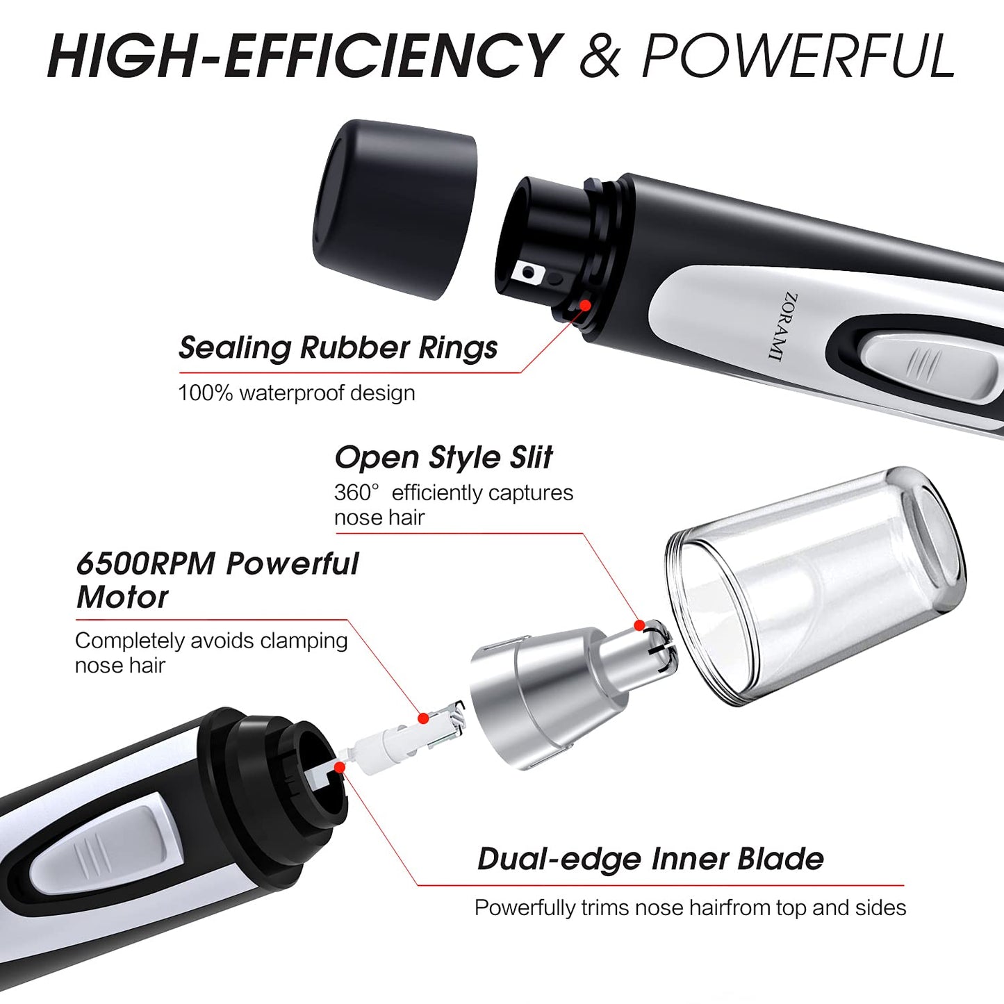 ZORAMI Ear and Nose Hair Trimmer Clipper - 2026 Professional Painless Eyebrow & Facial Hair Trimmer for Men Women, Battery-Operated Trimmer with IPX7 Waterproof, Dual Edge Blades for Easy Cleansing