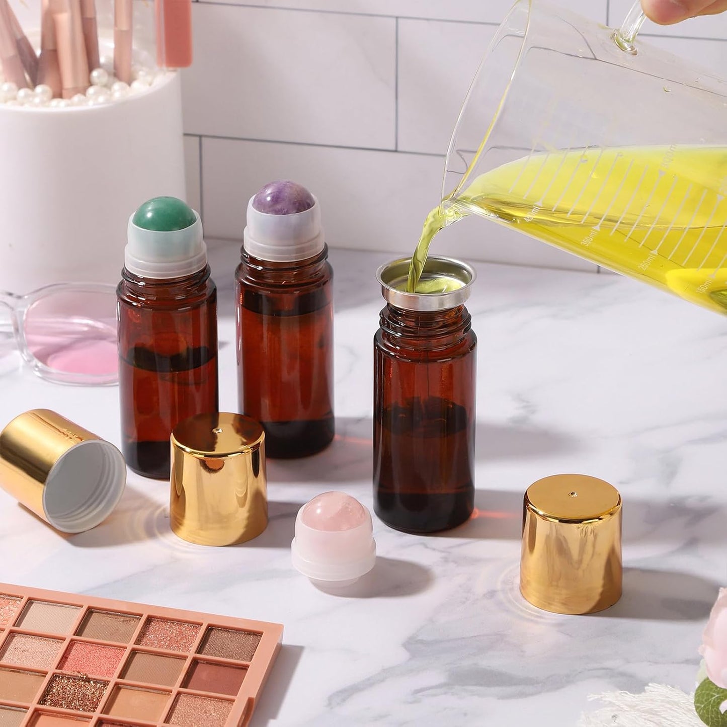 Amber Glass Roll-On Bottles - 2 Pack 1.7oz Refillable Containers with Rose Quartz Rollerball for Essential Oils & Perfume