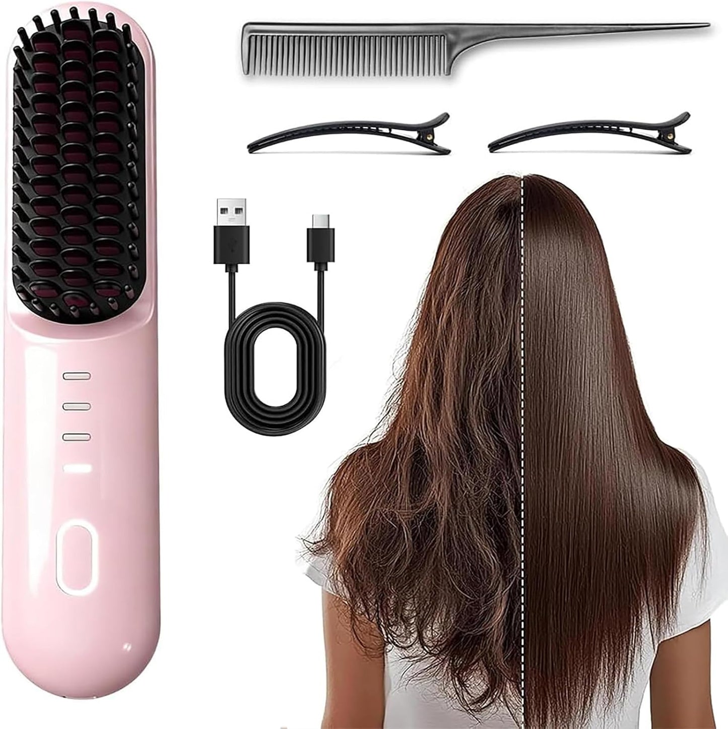 Go Brush Pro Cordless Straightening Brush for Short Hair - Fast Heat, 3 Temp Settings, Ionic & Ceramic Care | USB-C Rechargeable (Purple)