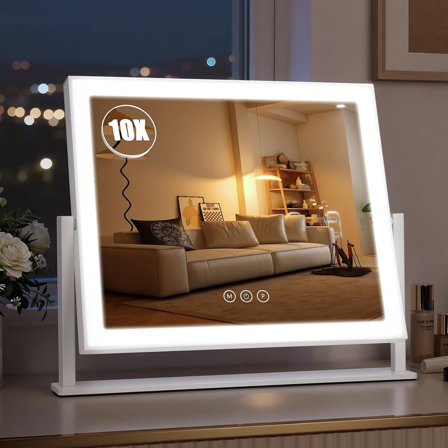LED Makeup Mirror with Lights - 15" x 12.2" Dimmable Vanity Mirror with Smart Touch & 3-Color Lighting | 360° Rotation, White