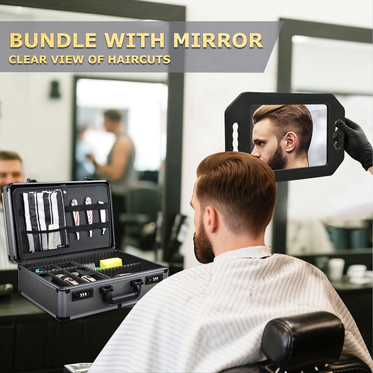 Yueieoun Professional Barber Case with Barber Clipper Tray Organizer, 6 Adjustable Clipper Slots & 8 Shear Holders, Portable Barber Carrying Case for Hair Tools & Supplies with Combo Locks