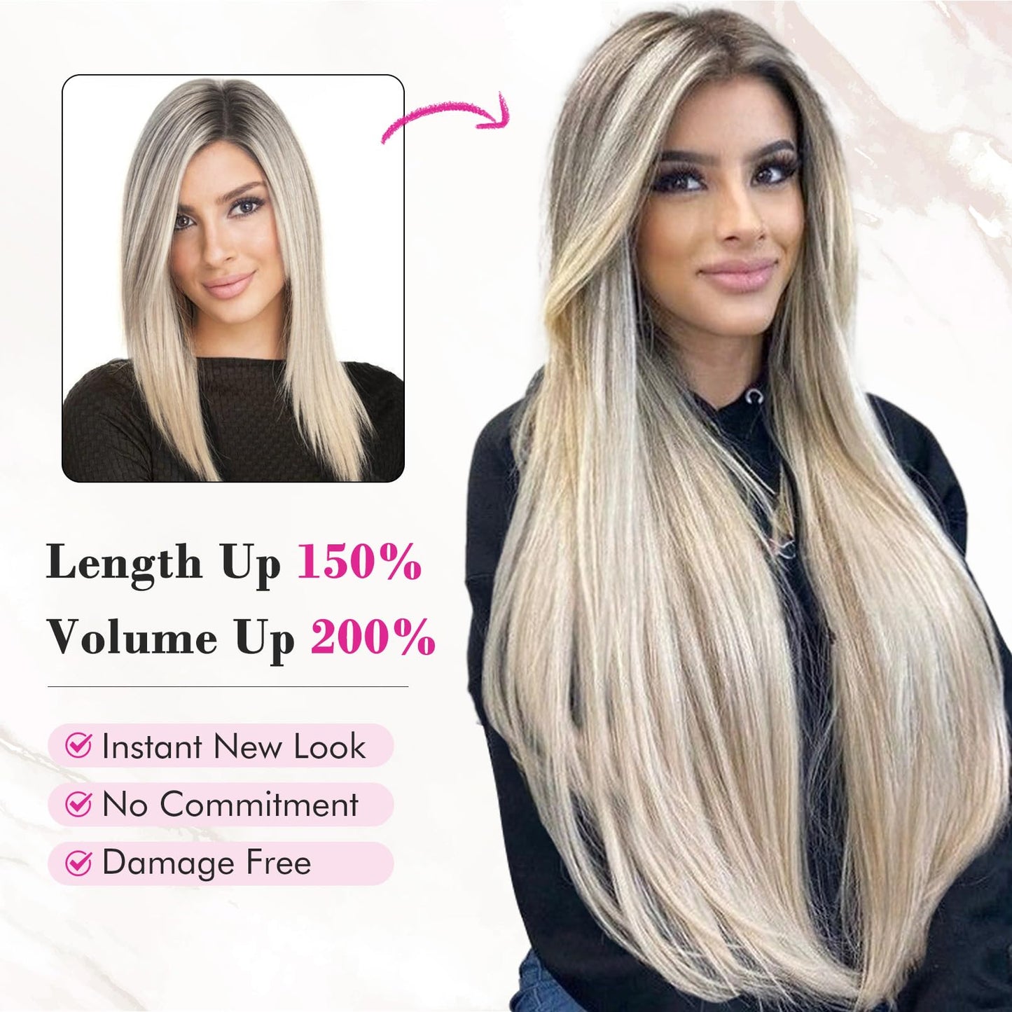 REECHO 28" Straight Long 4 PCS Set Thick Clip in on Hair Extensions -Ash Blonde with Highlights