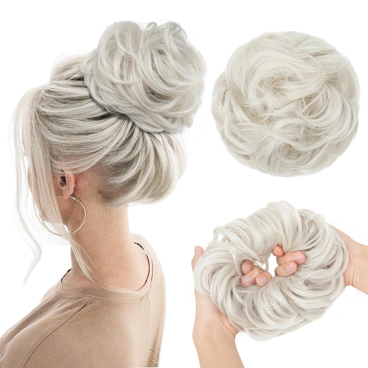 Large Messy Bun Hair Piece - Wavy Curly Synthetic Chignon Ponytail Extensions | Thick Updo in Light Auburn