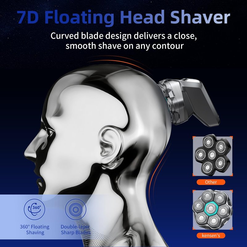 Head Shavers for Bald Men, kensen Upgrade Magnetic Head Shavers, Long Battery Life Electric Bald Razor, 2 Speed Settings, IPX6 Waterproof Wet/Dry Shaving, LED Display, Rechargeable 7D Rotary Shaver