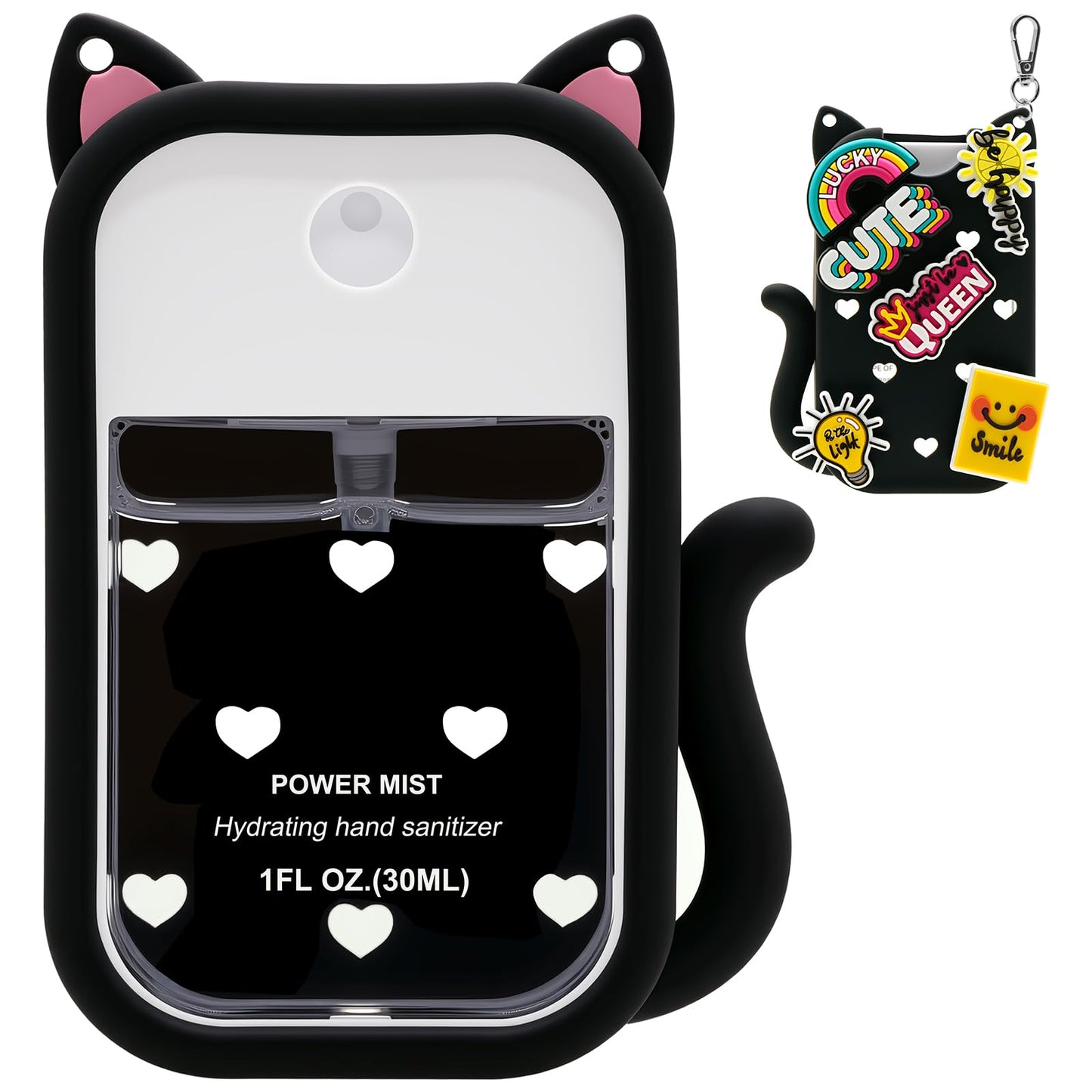 SCmedrichyr Cat Silicone Case for Touchland Hand Sanitizer Spray, Compatible with 1 FL Oz/30ML Power Mist & Glow Mist, Cute Travel Cover with Keychain & Charms (Black)