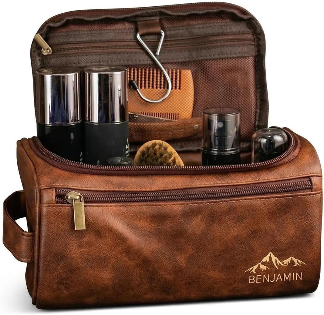 Personalized Leather Toiletry Bag for Men - Custom Engraved Travel Organizer | Groomsmen Gift (Coffee)