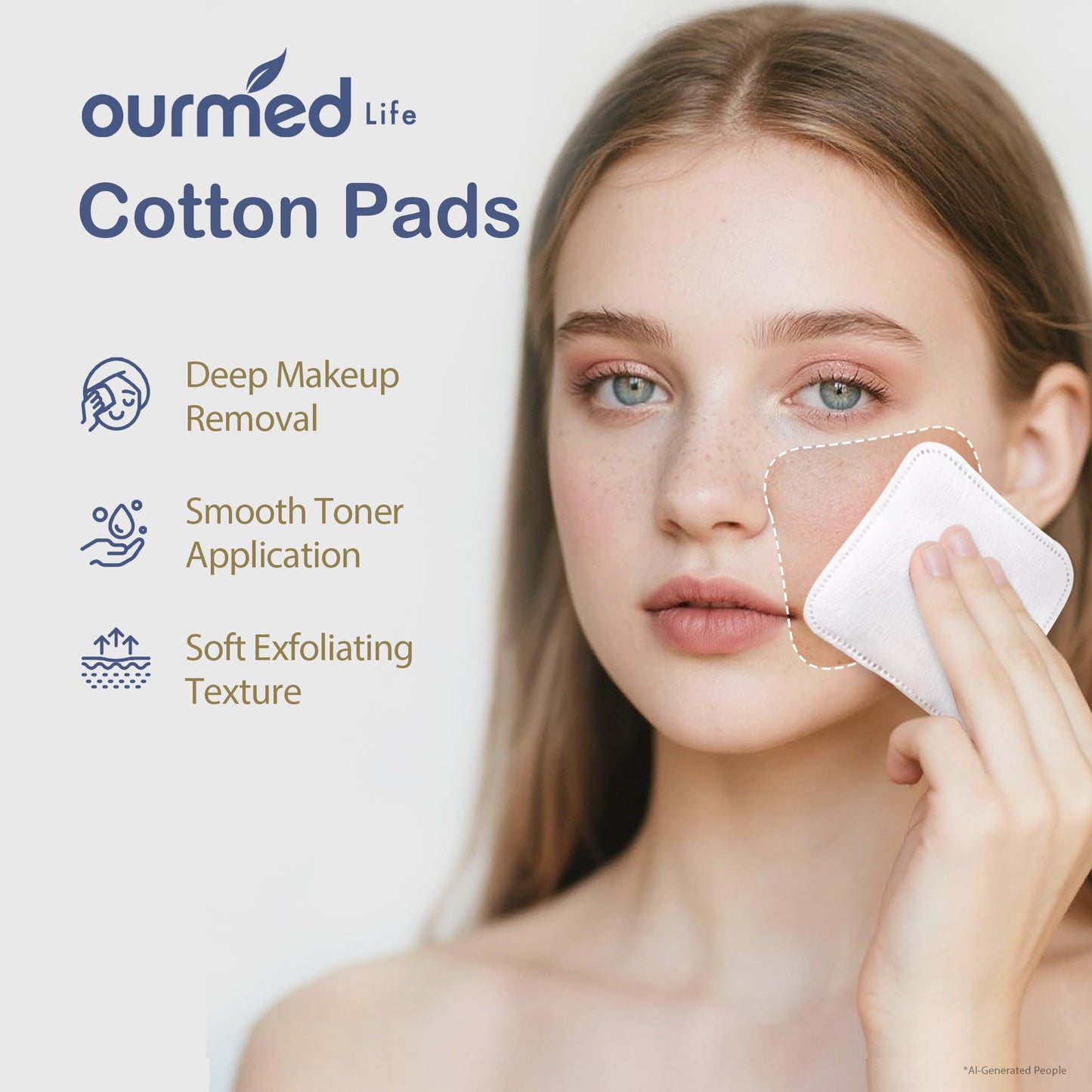 Ourmed Life Large Cotton Pads for Face, Soft & Lint-Free Cotton Rounds with Pressed Seam Design, Durable Facial Cleansing Squares for Face, Ideal Makeup Remover Pads, 3x3 Inch, 60 Count