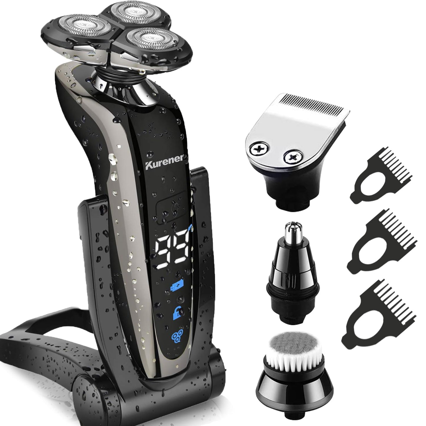 Electric Shaver Razor for Men - Rechargeable & 100% Waterproof Rotary Shaving with Nose & Sideburn Trimmers | Face Cleaning Brush