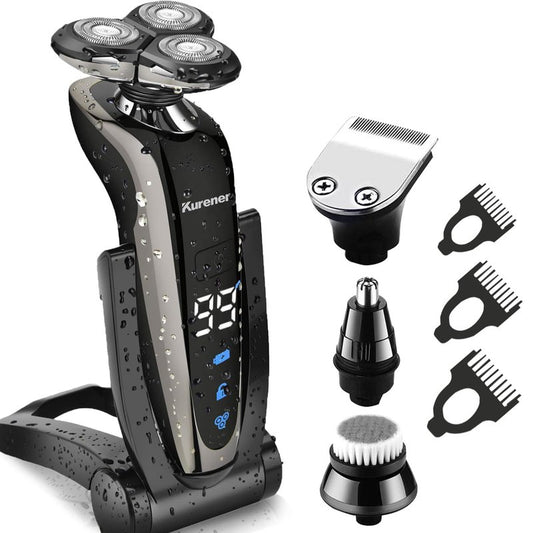 Electric Shaver Razor for Men - Rechargeable & 100% Waterproof Rotary Shaving with Nose & Sideburn Trimmers | Face Cleaning Brush