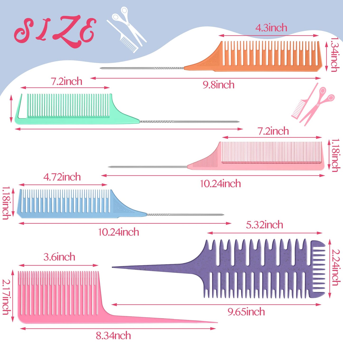 Patelai 6 Pcs Highlighting Comb Set Weaving Hair Dyeing Comb Weaving Sectioning Foiling Rat Tail Styling for Highlights Foiling Balayage Hair Coloring Men Women(Multicolor Style)