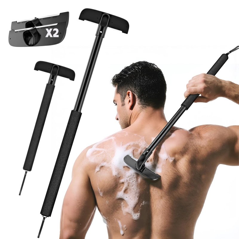 VEYLA Nick-Free Back Shaver for Men, 17.7" Extendable Aluminum Alloy Long Handle, 4.9" Wide Replaceable Blade, Safe for Sensitive Skin, Wet or Dry Use DIY Full Body Hair Remover (2 Blades Included)