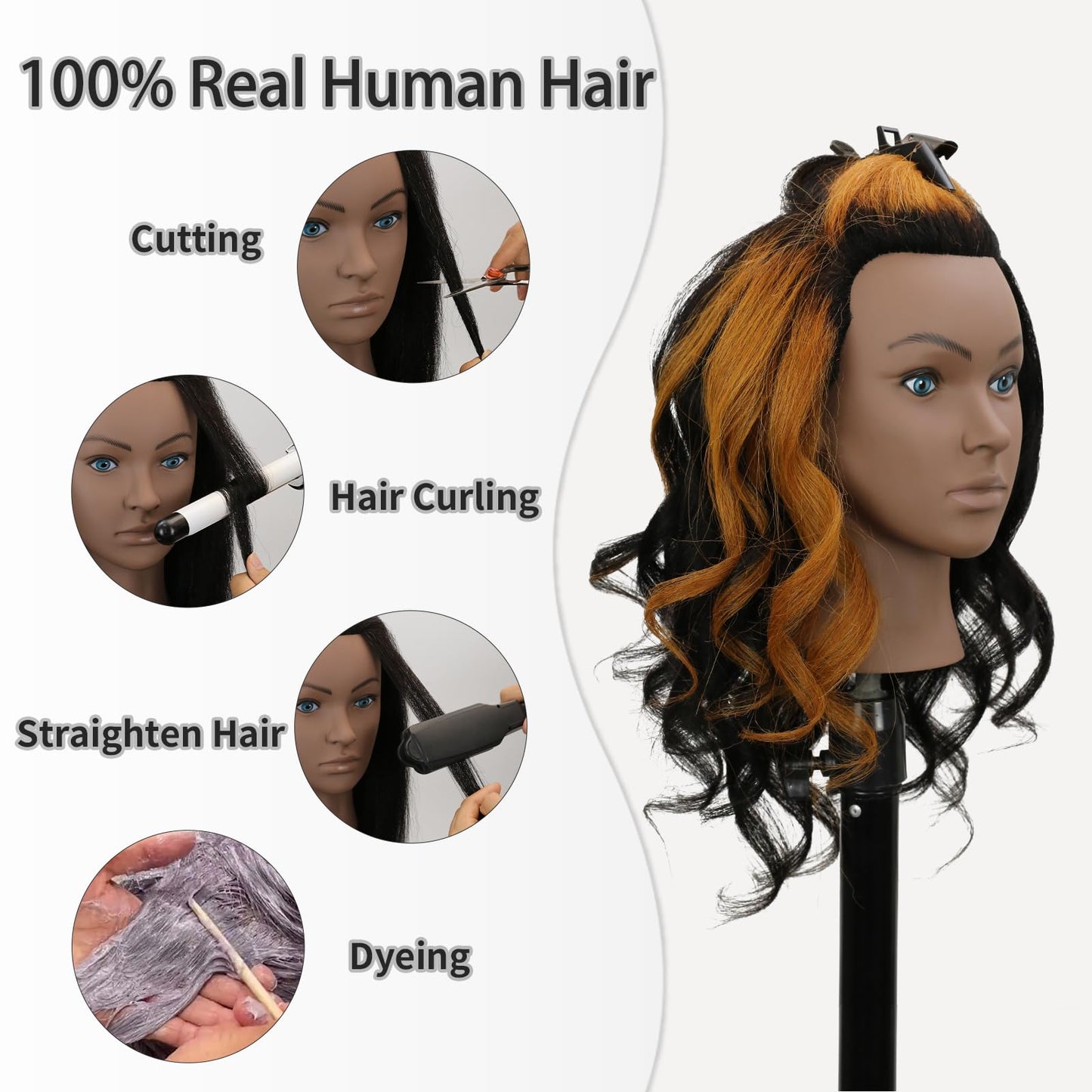 Sirydtm 18" Mannequin Head Human Hair 100% Real Human Hair Mannequin Head Cosmetology Makeup Doll Training Head With Table Clamp Stand for Curling, Cutting Dyeing & Hairdresser School Training