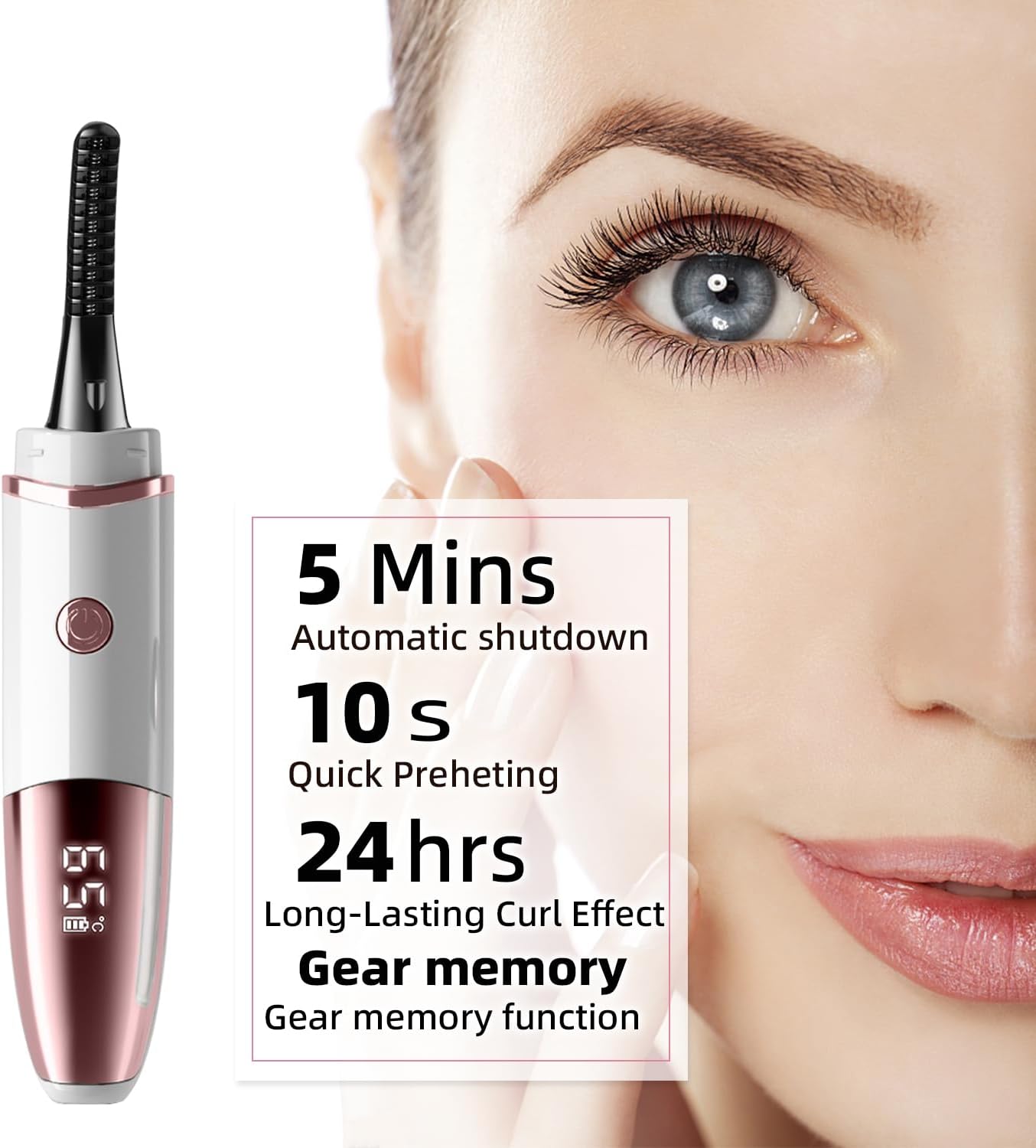 Heated Eyelash Curler - USB Rechargeable Electric Curler with 4 Temperature Modes | Fast Heat-Up in 5 Seconds, LED Display, White