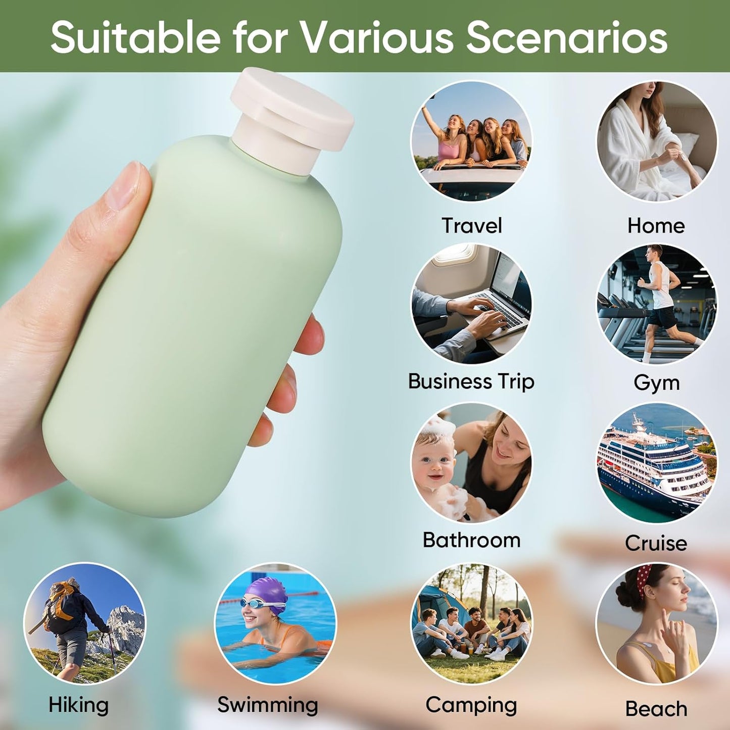 Travel Bottles for Toiletries - Leak Proof Refillable Squeeze Containers | 6.6oz, Green, 4 Pcs