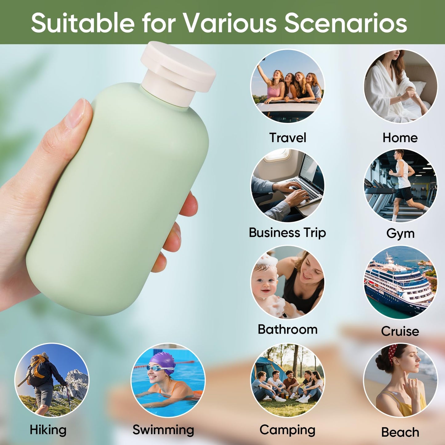 DEMORA 6.6oz Travel Bottles for Toiletries, Larger Plastic Travel Squeeze Bottles Leak Proof Refillable Toiletry Containers with Flip Caps and Labels for Shampoo Conditioner Lotion (Green, 4 Pcs)