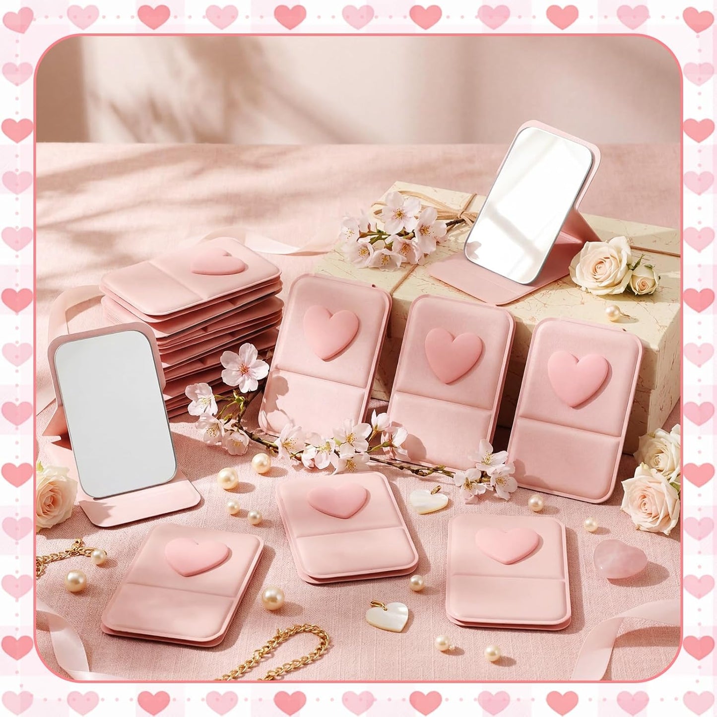 Amyhill Mini Folding Heart Mirror - 24 Pcs Compact Mirrors for Women | Pastel Pink Gift Set for Birthdays & Celebrations