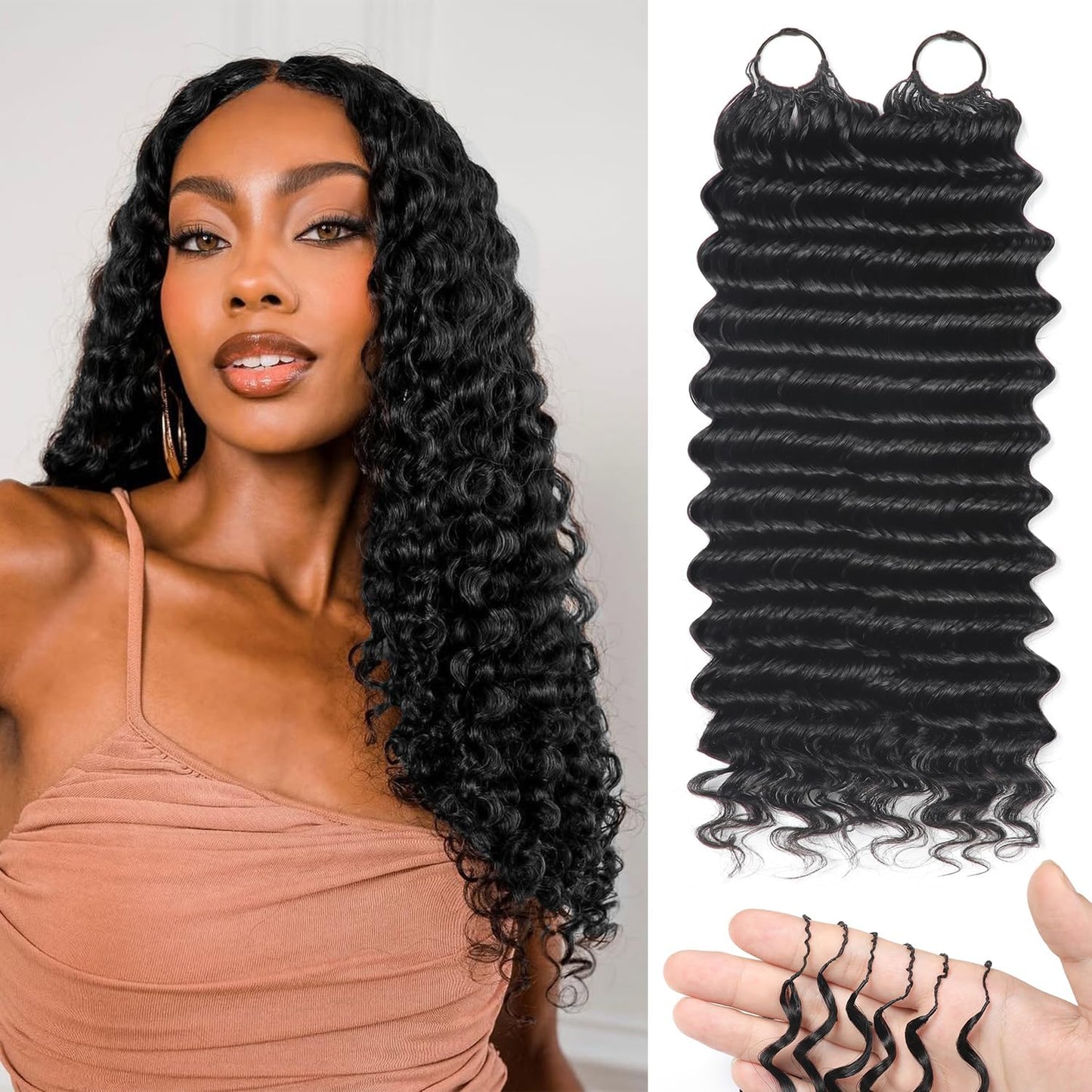 Human Crochet Hair - 18 Inch Deep Wave Bundles for Black Women | 50g Pre-Separated Extensions, Natural Black