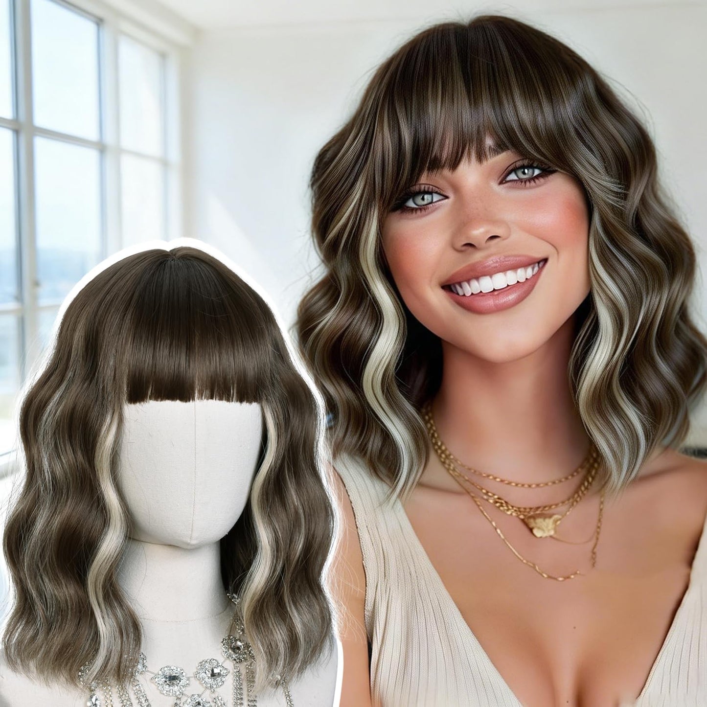 Short Wavy Wig with Bangs - Natural Curly Synthetic Hair for Daily Wear | 14-Inch Brown Highlight
