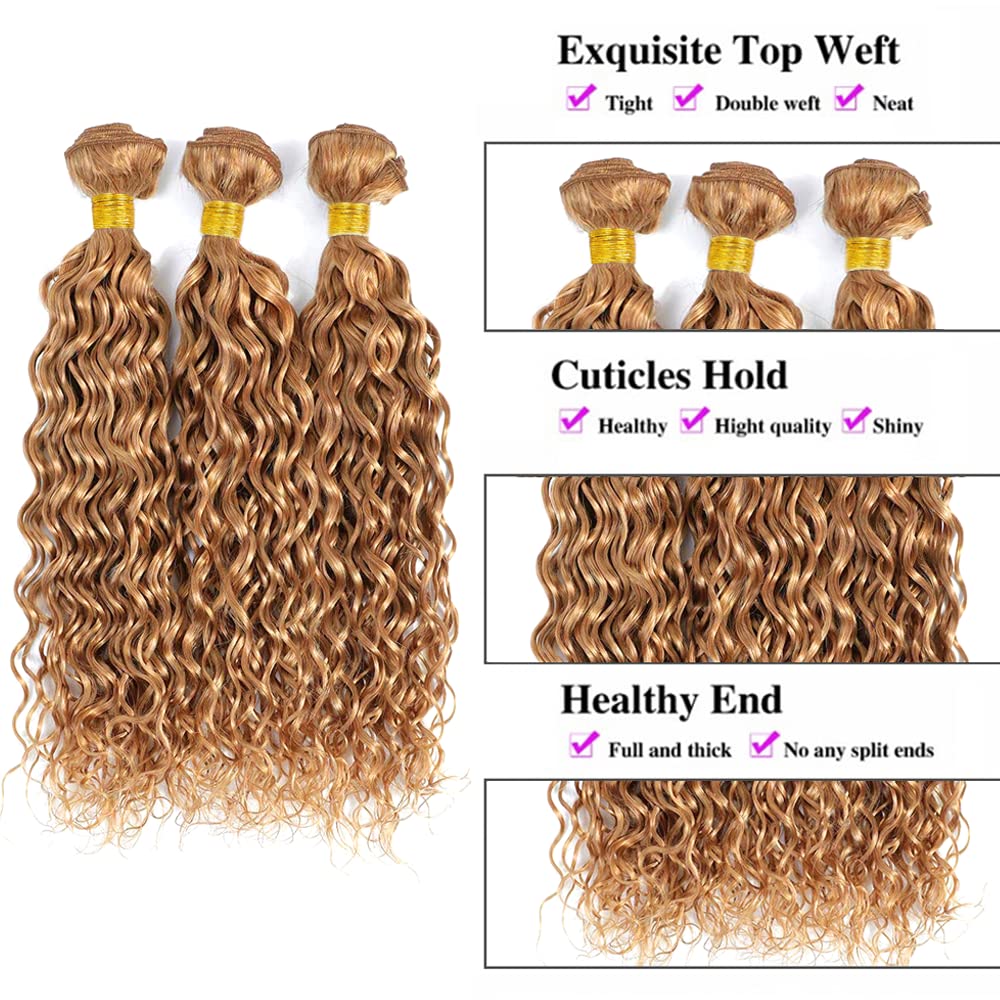 Honey Blonde Bundles Human Hair #27 Water Wave Bundles 12 14 16 inch Blonde Wet and Wavy Bundle 150g