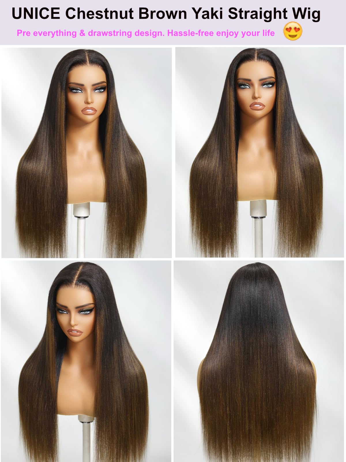 UNICE Chestnut Brown Ombre Yaki Straight 7x5 Pre Cut HD Lace Front Wigs Human Hair with Drawstring Bye Bye Knots Glueless Wig Pre Plucked Bleached Knots Natural Hairline 150% Density 20 inch