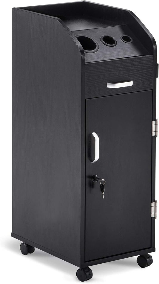 Salon Trolley Storage Cart - Hair Dryer Holder with Lockable Rolling Wheels | Black