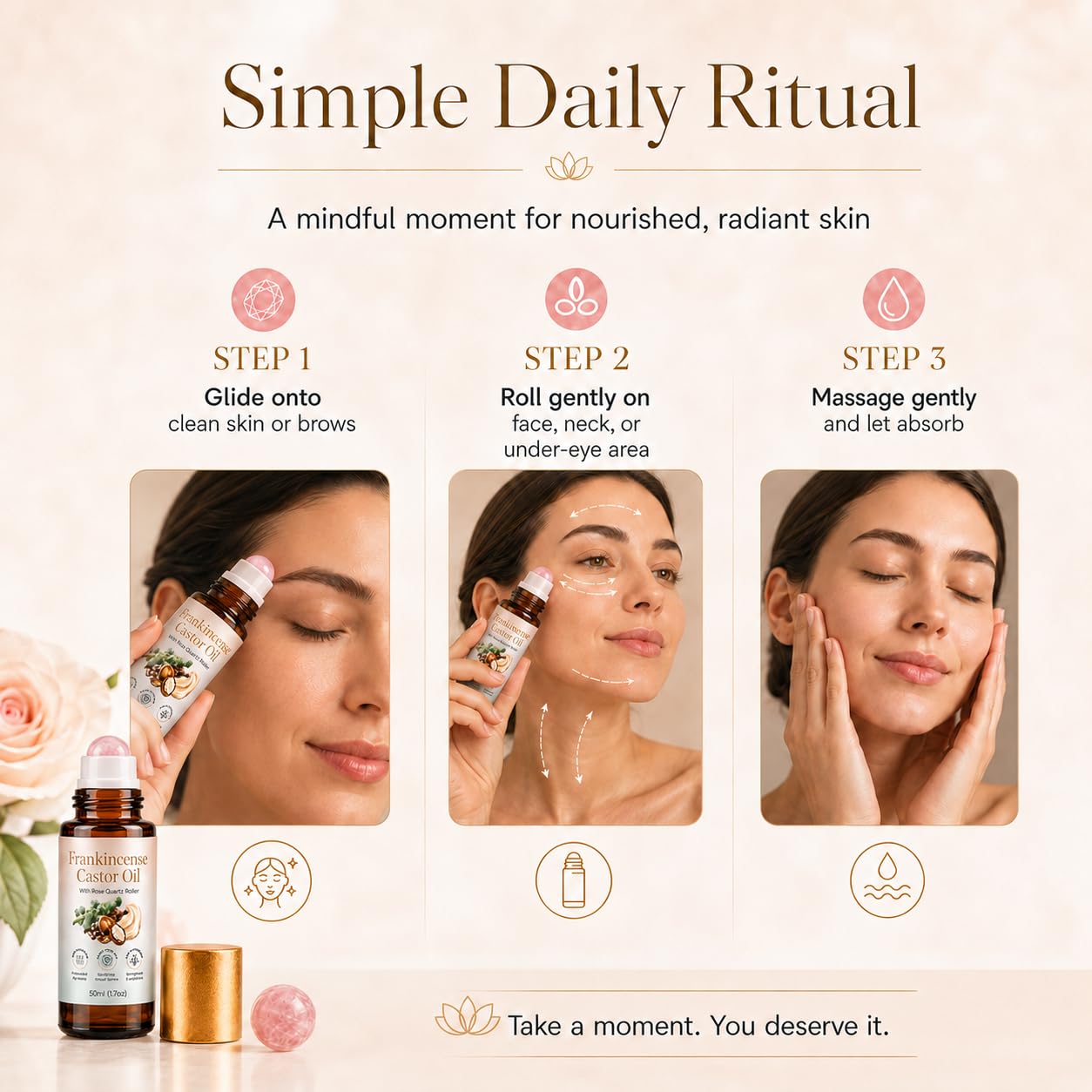 Organic Castor Oil Rose Quartz Roller - Cold-Pressed Beauty Oil for Eyebrows, Face & Neck | 1.7 Fl Oz