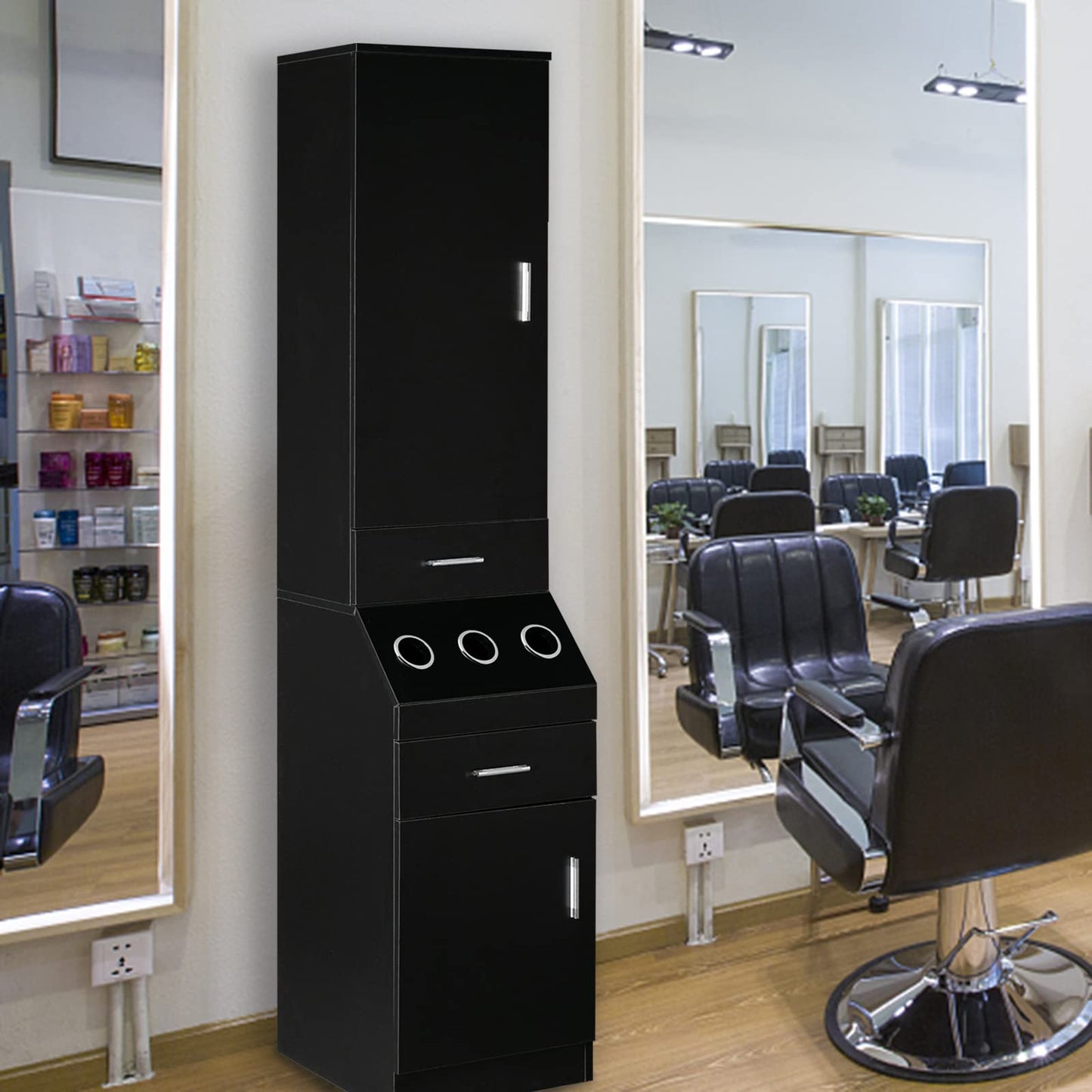 OmySalon Salon Station, Barber Stations with 2-Tier Storage Shelf with Door, Hair Styling Storage Cabinet with 2 Drawer, a Large Storage Cabinet & 3 Hot Tool Holders, Black
