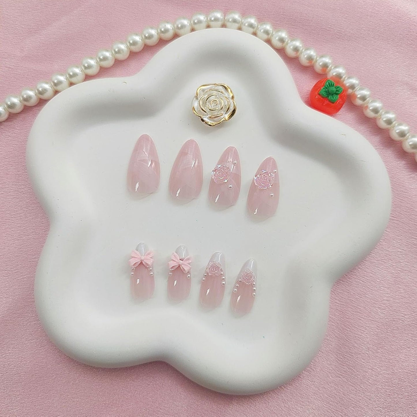 French Tip Press-On Nails - Medium Almond Shape with 3D Bow & Pearl Charms | 24 Pcs Spring Design