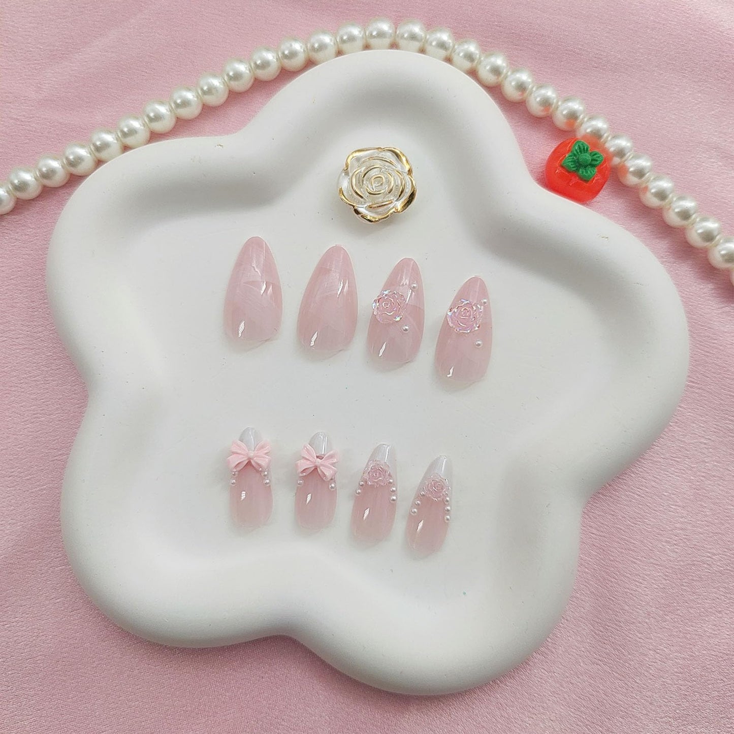 White French Tip Press on Nails Medium Almond Fake Nails with 3D Bow Flower Pearl Charm Designs Spring Nails Press ons Glossy Glue on Nails Butterfly False Nails Pink Stick on Nails for Women 24Pcs