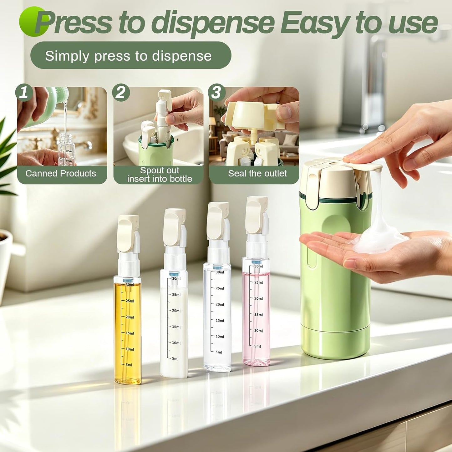 4 in 1 Travel Dispenser Bottle Set - Leakproof 30ML Toiletry Containers | TSA Approved, Labelled for Shampoo, Lotion, Conditioner, Cream