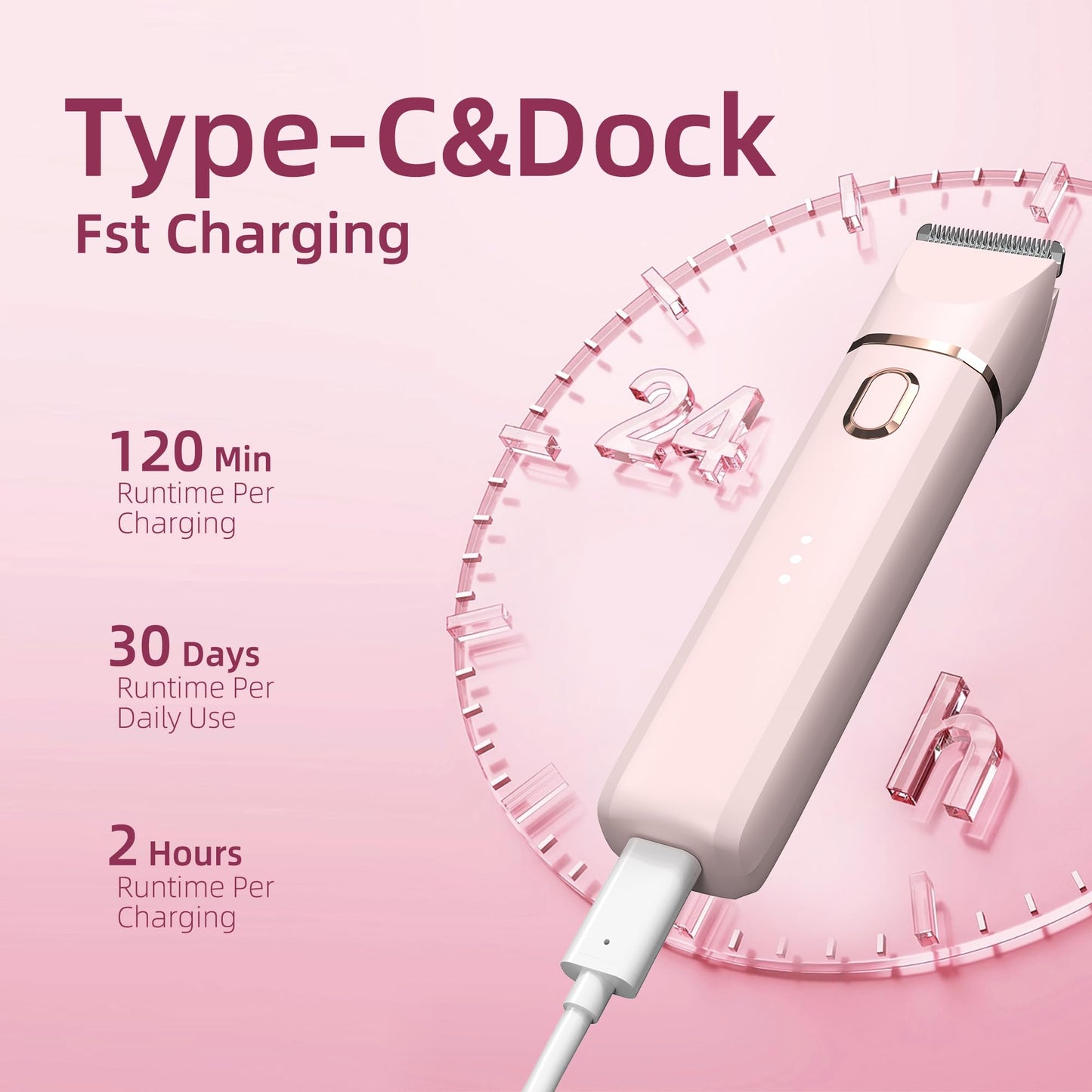 Trimmer for Women: 3 in 1 Gentle Painless Electric Razor for Women,120min Cordless Runtime,USB Charge Dock,IPX7 Waterproof Wet & Dry Use Portable Facial Razor with Ceramic Blade Travel Grooming Kit