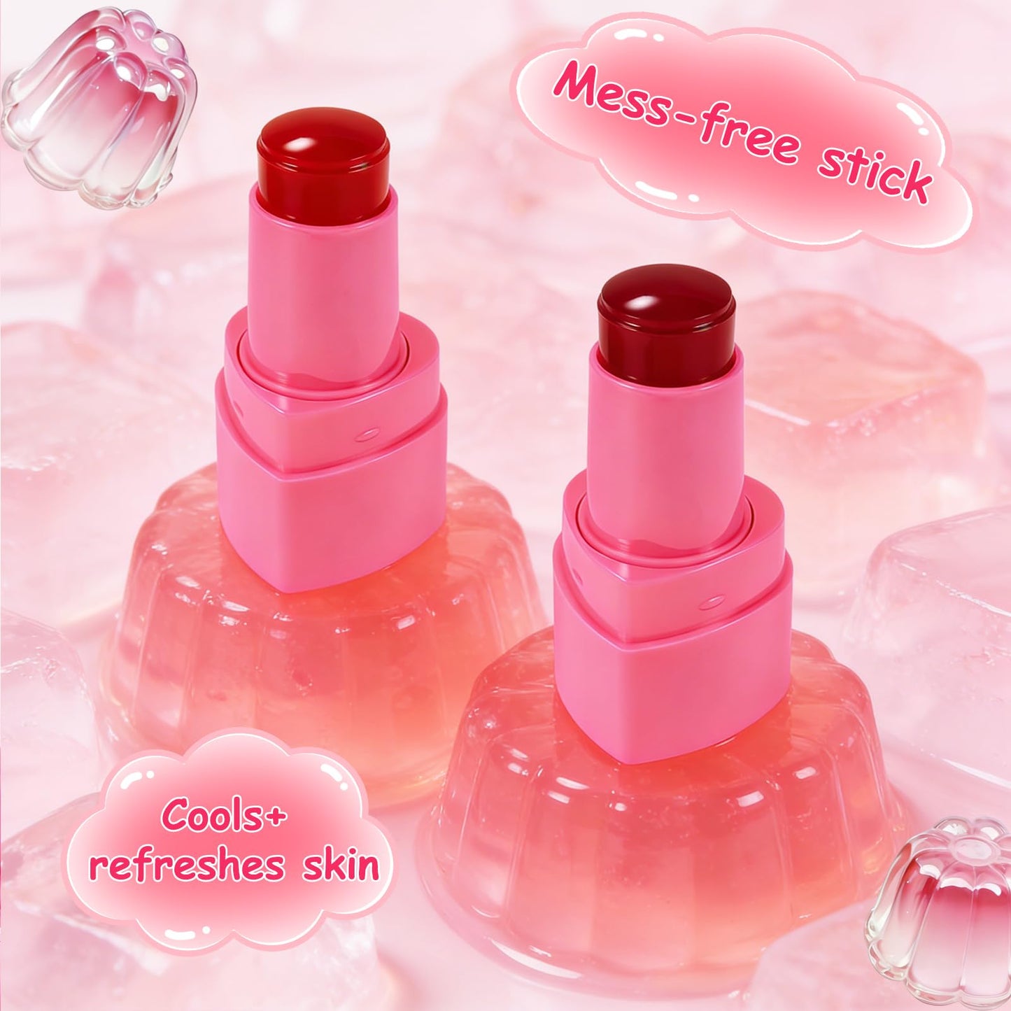 KALYFADIO 2PCS Jelly Blush Stick for Cheeks,Cooling Water Jelly Tint Stick,Moisturizing Lightweight Lip and Cheek Tint,Long-lasting,Cruelty-free,Sheer & Buildable Lip Stain + Blush（01+03）