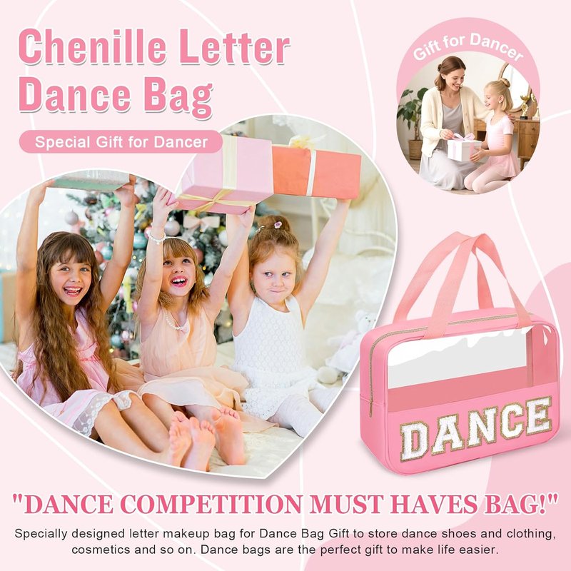 Dance Bag for Girls - Chenille Letter Clear Makeup & Shoe Storage | Toddler Ballet Accessory in Pink