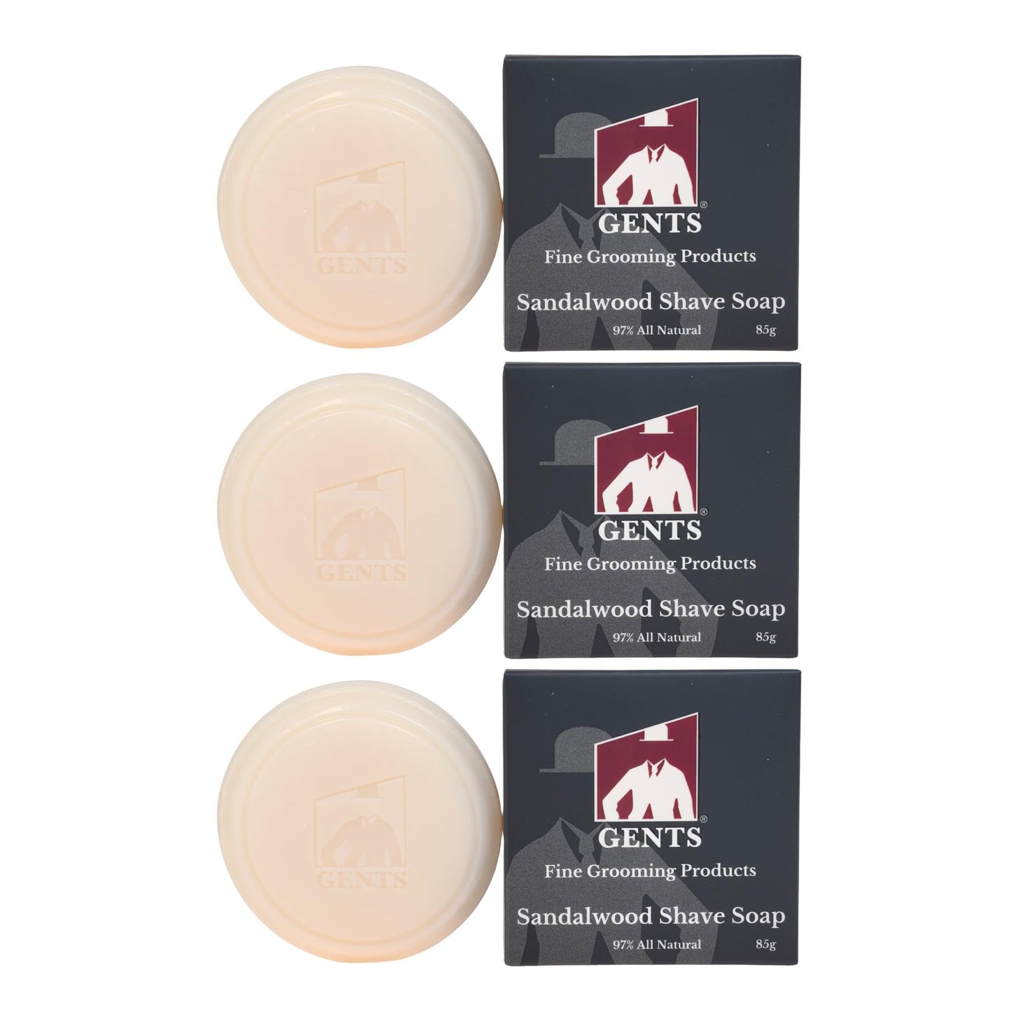 GENTS 97% All Natural Shave Soap - Creates a Rich Lather Foam for Wet Shaving Experience (3 Pack Sandalwood) Birthday Gift
