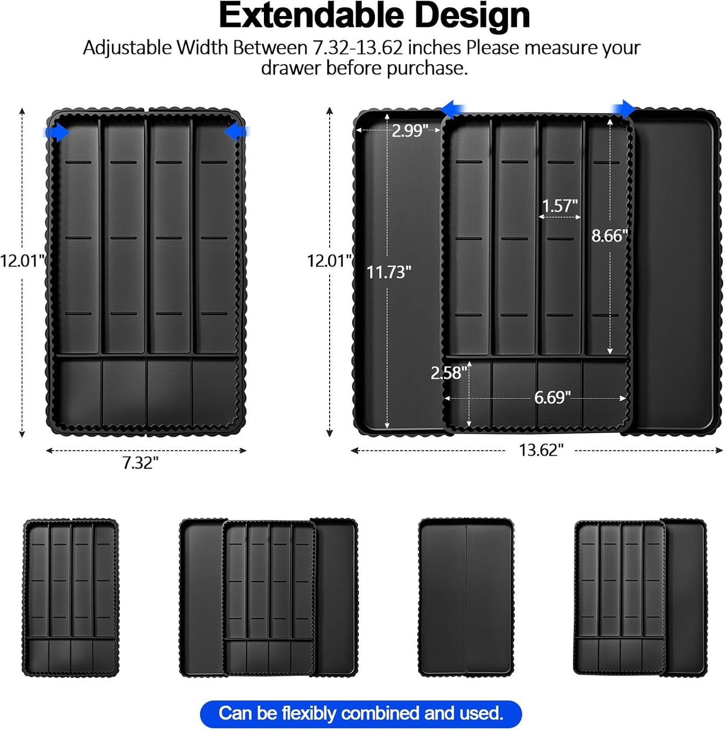Expandable Silverware Organizer - Adjustable 7-Compartment Cutlery Tray | Heat-Resistant Silicone, Black - 50% Larger Capacity