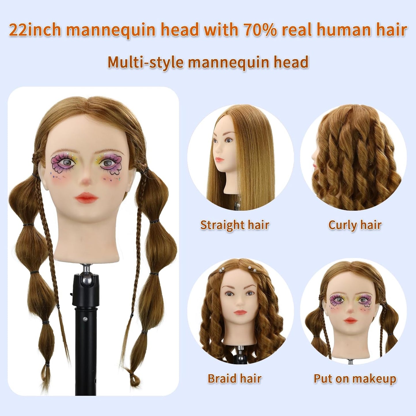 Realistic Human Hair Mannequin Head - 80% Real Hair for Hairdresser Training | 22-Inch Blonde Cosmetology Manikin