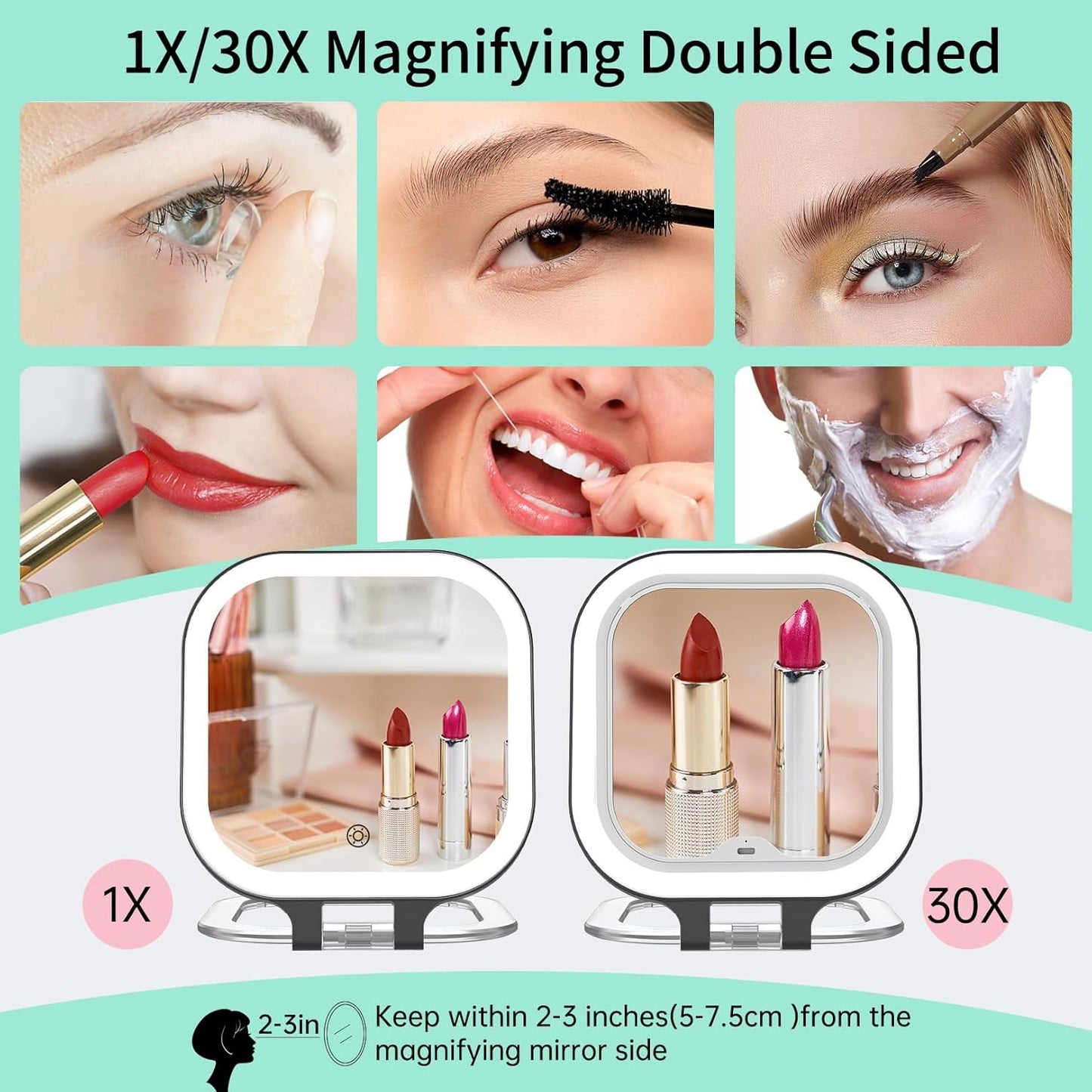 Rechargeable Travel Makeup Mirror - 30X Magnification, 7" Lighted Vanity Mirror with 3 Color Lighting & Dimming | Black