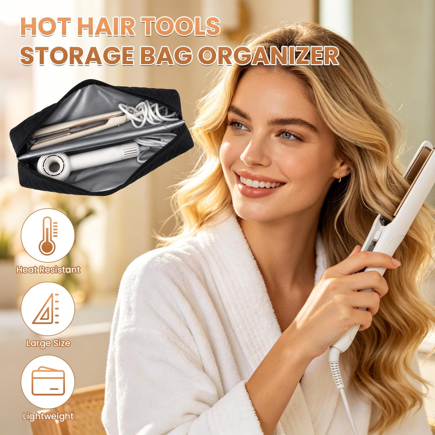 ASTONFOG Hot Hair Tools Organizer Bag, Heat Resistant Travel Hair Tools Storage Bag for Curling Irons, Flat Irons, Hair Dryer, Hair Straighteners and Styling Tools(Black, 17.7" x 3.9" x 3.9")