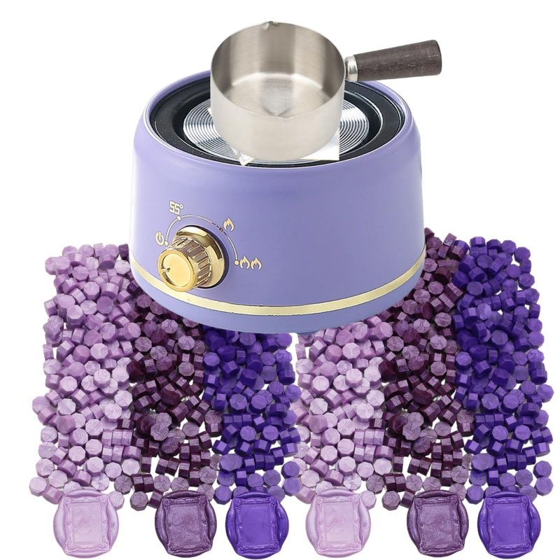 Sealing Wax Warmer Electric with 300Pcs Purple Waxseal Beads, a 80ml Large Spoon, a Non-Slip Melt Scoop, Electric Wax Seal Melting Warmer Furnace Kit(300 Purple White Set)