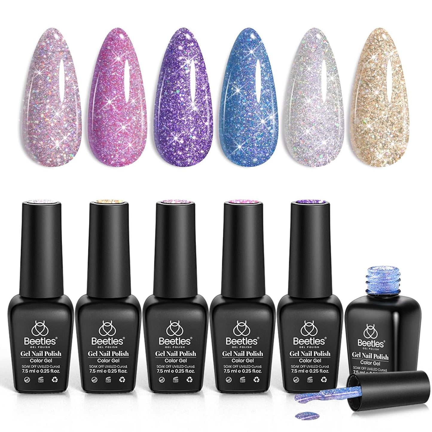 Beetles Cat Eye Gel Nail Polish Set - 6 Summer Glitter Colors | Mint Green, Icy Blue, Teal, Sapphire, Navy, 3D Shimmer Effect