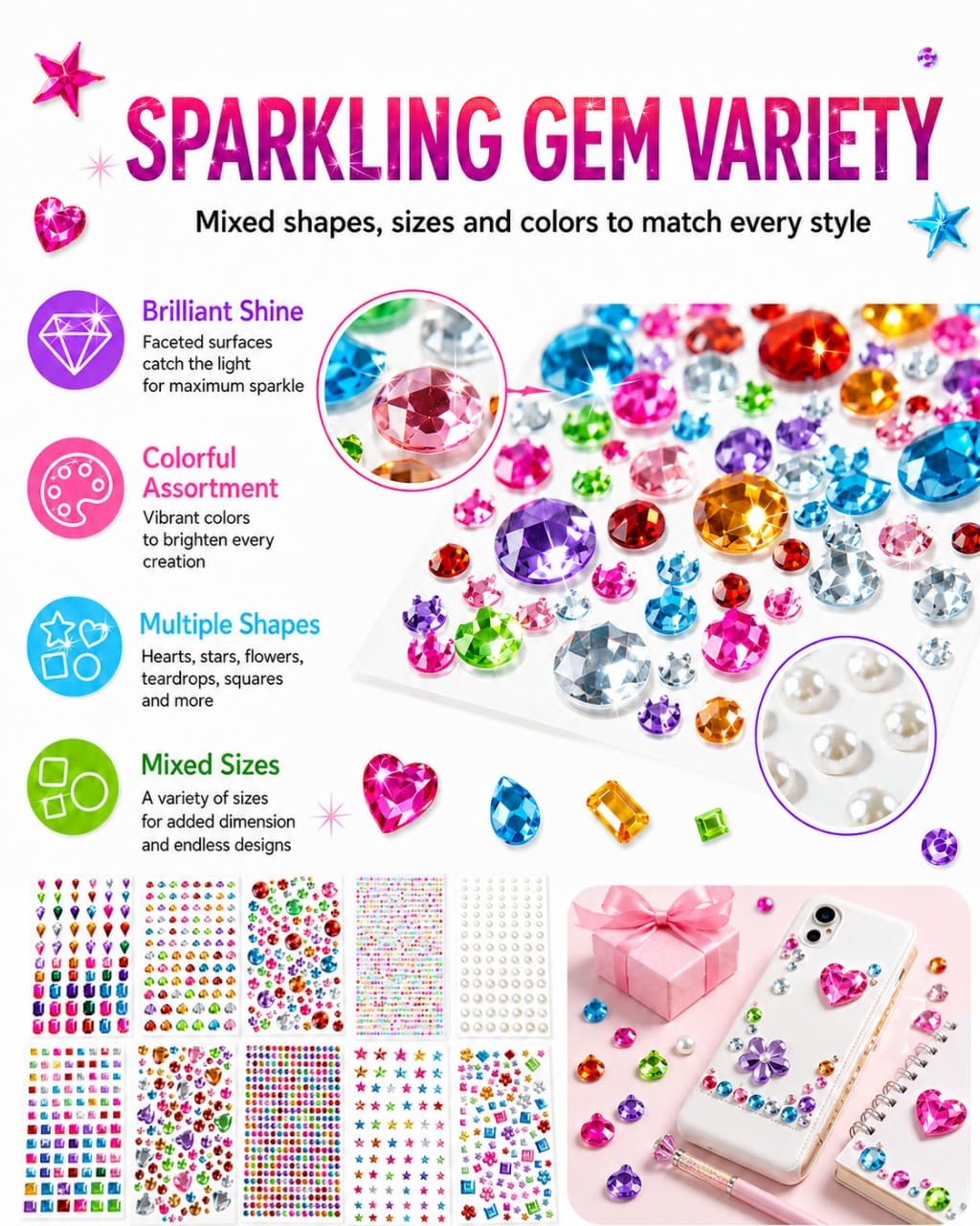 3062Pcs Gem Stickers-Self-Adhesive Face Jewelry Stickers, Acrylic Gems DIY Crafts, Sparkling Heart-Shaped Rhinestone, for Party & Holiday Supplies