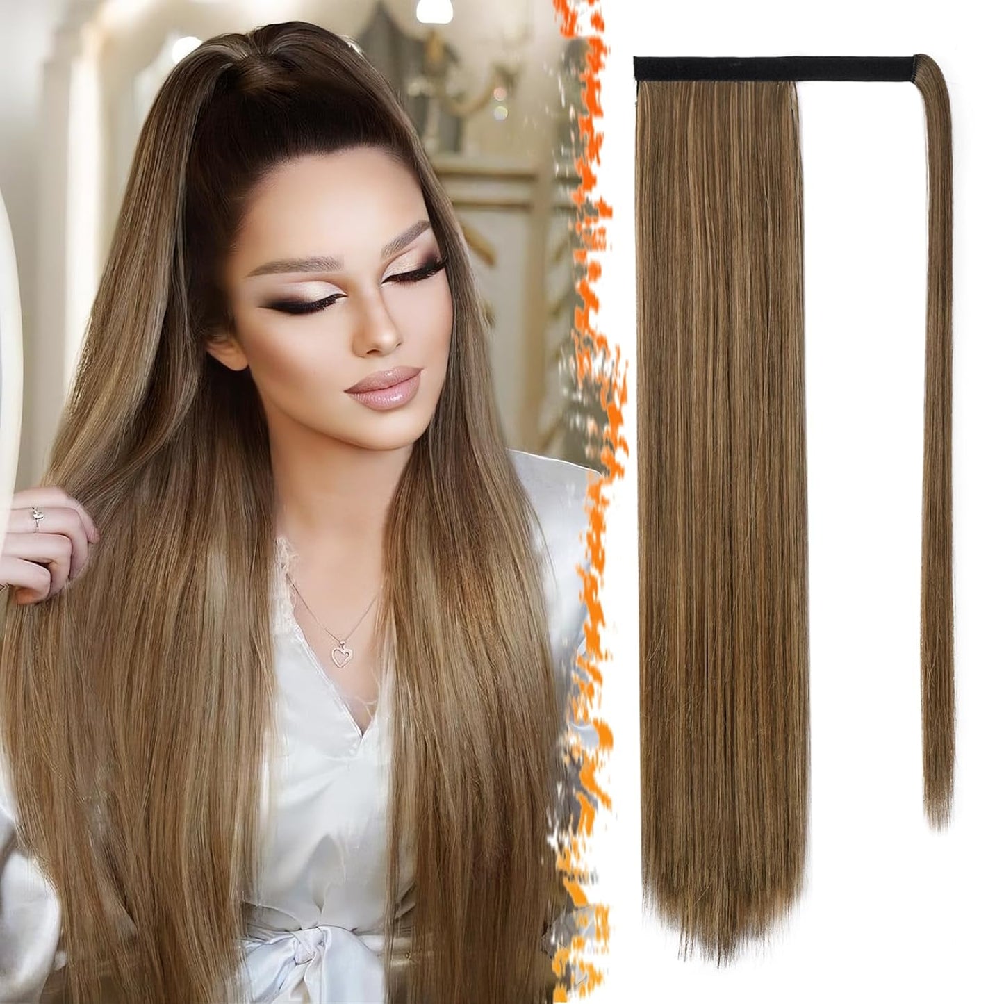 Dark Brown Straight Ponytail Extension - 28 Inch Clip-In Hairpiece for Women | Synthetic Wrap Around Style