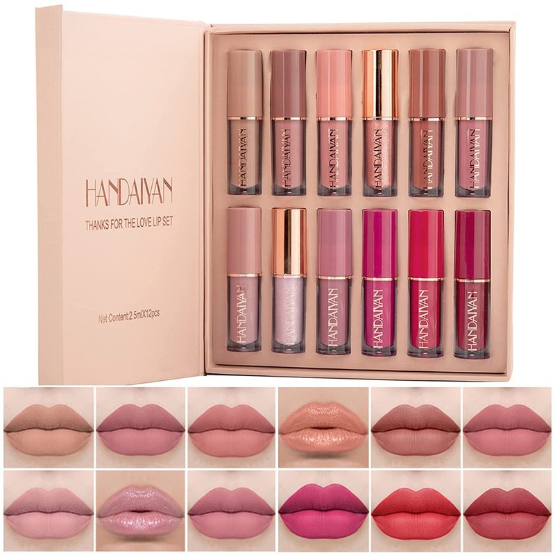Matte & Glossy Liquid Lipstick Set - Long-Lasting Waterproof Lip Gloss | 12 Colors in Nude, Pink, Red Shades